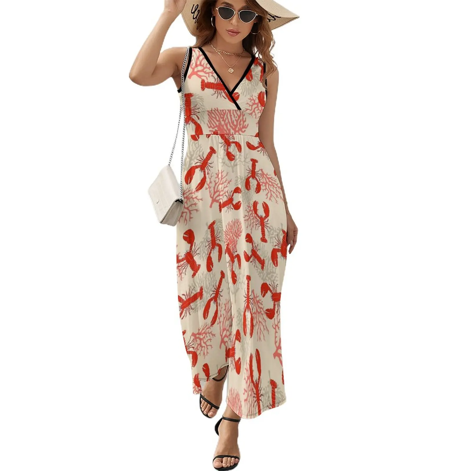 

Red Lobsters Dress Women Coastal Coral Trendy Maxi Dress V Neck High Waist Streetwear Custom Boho Beach Long Dresses