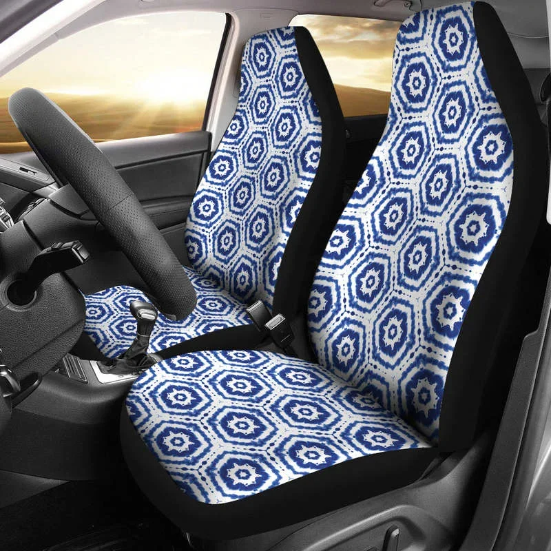 

White With Blue Shibori Dye Pattern Ethnic Boho Car Seat Covers,Pack of 2 Universal Front Seat Protective Cover