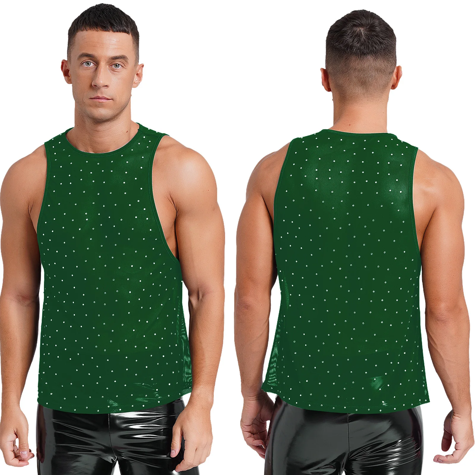 thumbnail image 1 of Chaleco de malla transparente para hombre, chaleco transparente con diamantes de imitación brillantes, camiseta sin mangas, Top Sexy para culturismo muscular, gimnasio y Fitness, 1 of 5