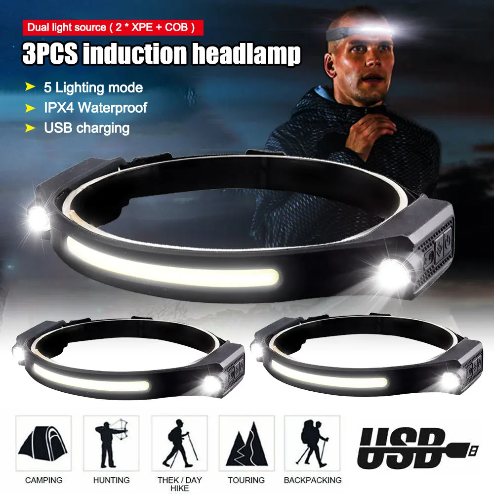 

Led Head Light Motion Sensing Cob Dual Light Headlight Usb Rechargeable Camping Headlamp Fishing Lights Running Lantern