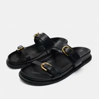 2024 Summer Beach Slippers for Woman Casual Outdoor Black Buckled Strap Female Flat Shoes Soft PU Leather Chic Ladies Slides