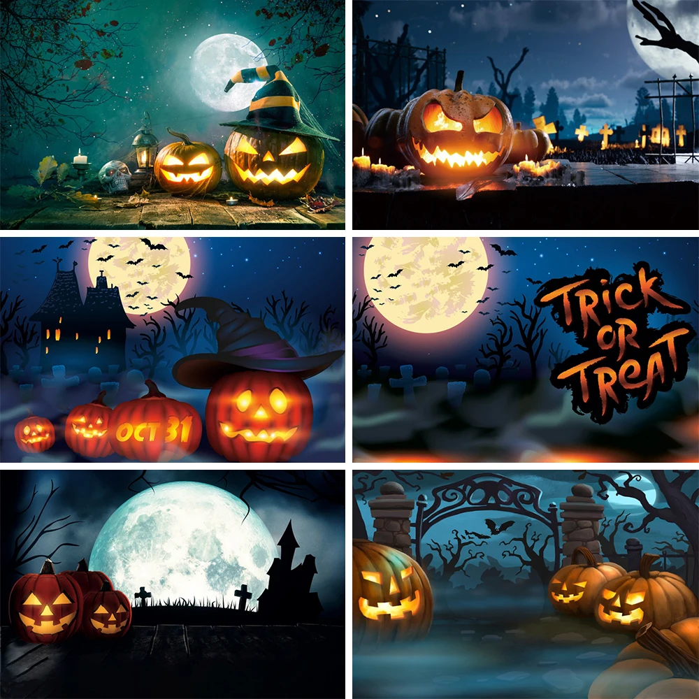 

Halloween Decoration Backdrop for Photography Hallowmas Full Moon Night Horror Pumpkin Background Kids Party Photo Booth Studio