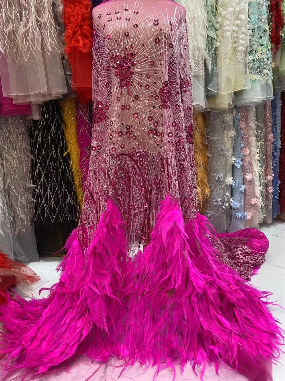

Новейшая нигерийская 3D кружевная ткань с перьями, Роскошные Блестки, бусины 2024, высококачественное кружево, африканская кружевная ткань для свадебного платья