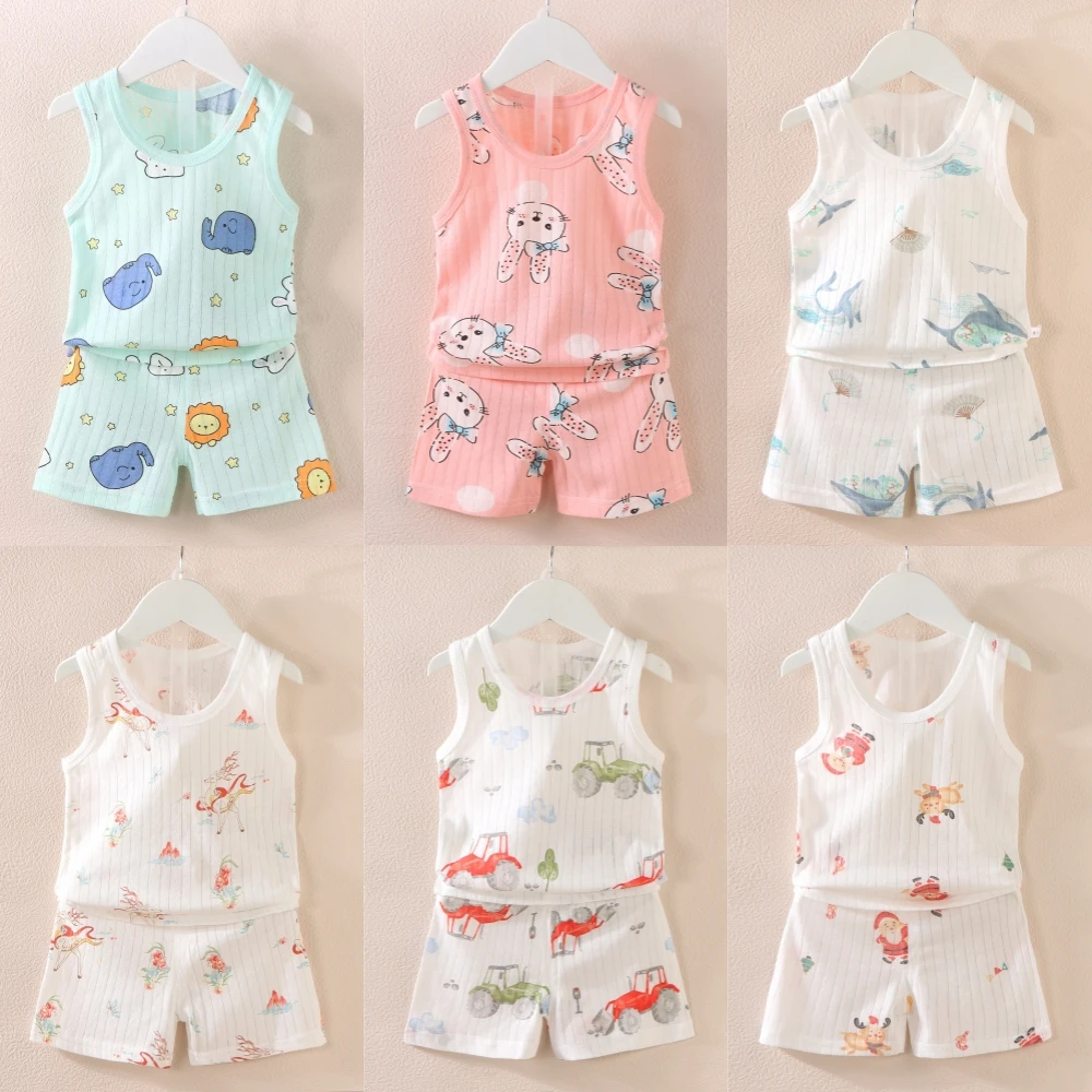 2024 New Children Clothes Set Summer Boys Girls Cartoon Thin Style Sleeveless Vest Shorts Set Baby Pajamas