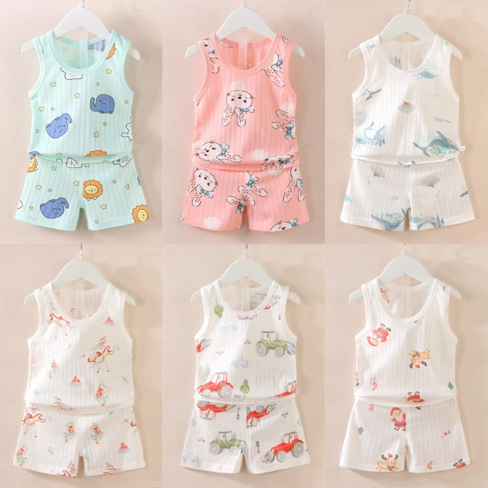 2026 New Children Clothes Set Summer Boys Girls Cartoon Thin Style Sleeveless Vest Shorts Set Baby Pajamas