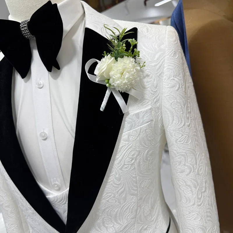 Thorndike Mens Wedding Suits White Jacquard Black Satin Collar Tuxedo 3 Pcs Groom Terno Suits for Men Jacket+Vest+Pants