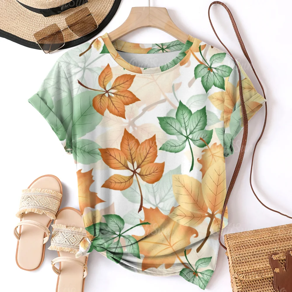 

2024 T-Shirt For Women Coconut Leaf Printed Top Summer Oversized T-Shirts For Women's Clothing O-Neck Female Fashion Plus Size