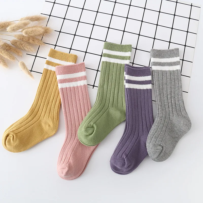 Cotton Baby Boys Girls Knee High Long Socks Classic White Stripes Solid Breathable Double Needle Children School Uniform Socks Kids Socks