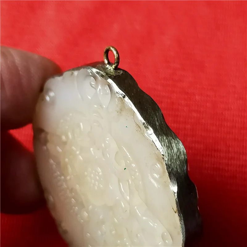 Handicrafts old silver bag jade hollow flowers bloom rich white jade brand pulp