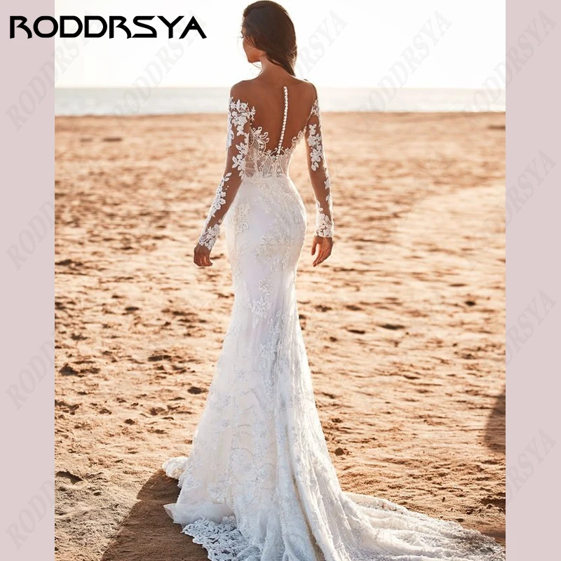 RODDRSYA Vestido De Noiva Sereia Para As Mulheres Elegante Colher-Neck Praia Vestido De Noiva Ilusão Botão Voltar Manga Longa Robe De MariéeVestido
