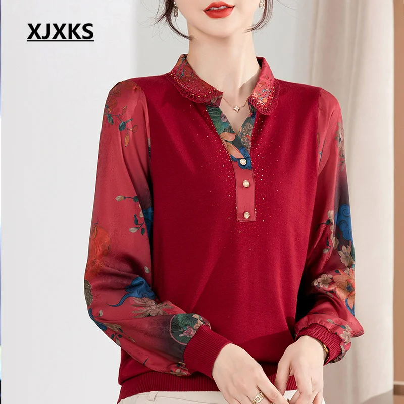 

XJXKS Fashion Lapel Exquisite Diamond Women's Top 2022 Autumn Latest Wool Knitted Stitching Chiffon Sleeve Female Thin Sweater
