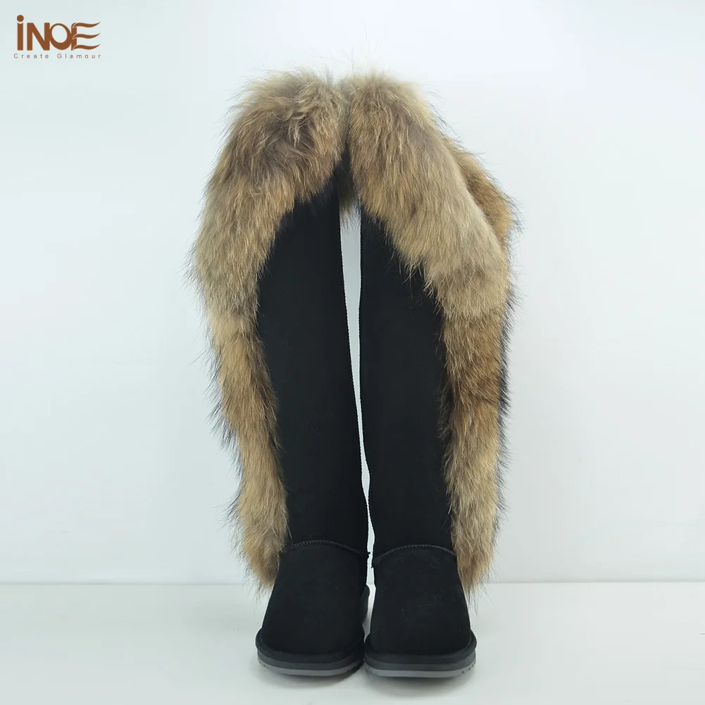 INOE Natural Fox Fur Cow Suede Leather Over the Knee Long Winter Boots for Women Snow Boots Warm Shoes High Quality Black 35-44