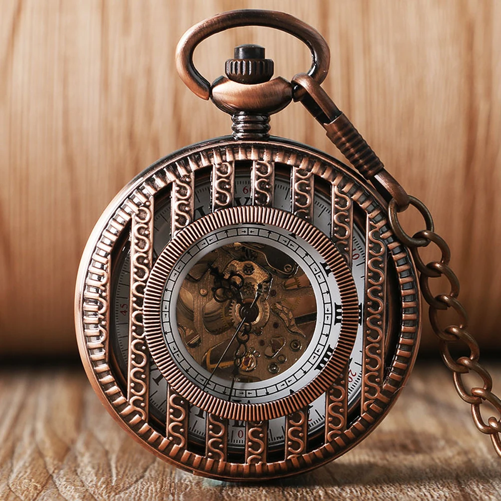 

Antique Strip Hollow Mechanical Pocket Watch Men Hand Winding Movement Roman Numerals Dials Retro Chain Pendant Pocket Clock Man