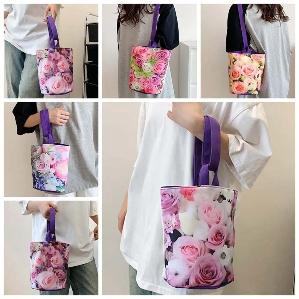 

Rose Flower Flower Bucket Bag Print Large Capacity Canvas Tote Bag Storage Bag Korean Style Portable Mommy Bag Female/Girls