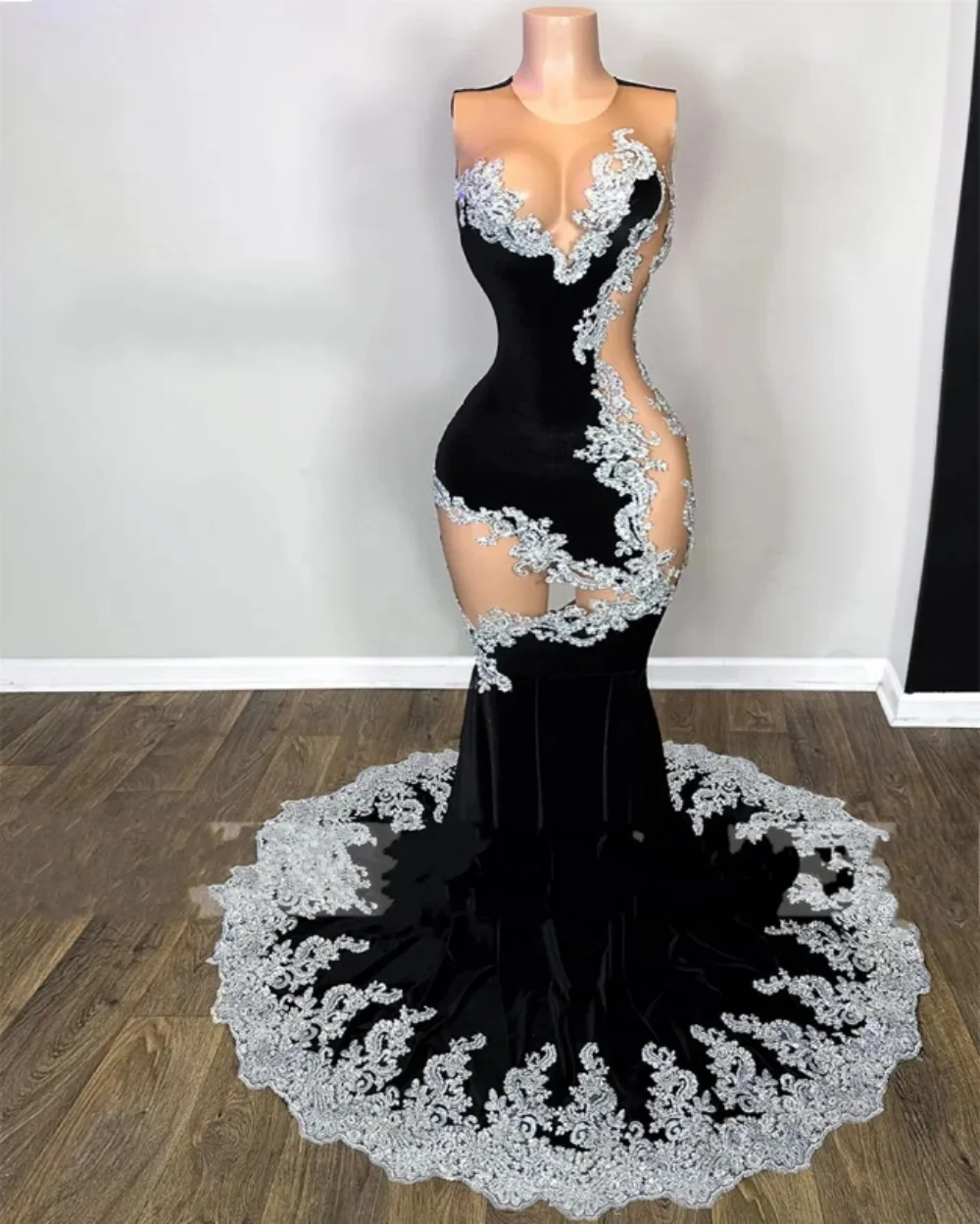 

Black Cocktail Party Dress Sheer O-Neck Sleeveless Velvet Mermaid Prom Dress Lace Appliques Luxury Evening Dress Robe de soirée