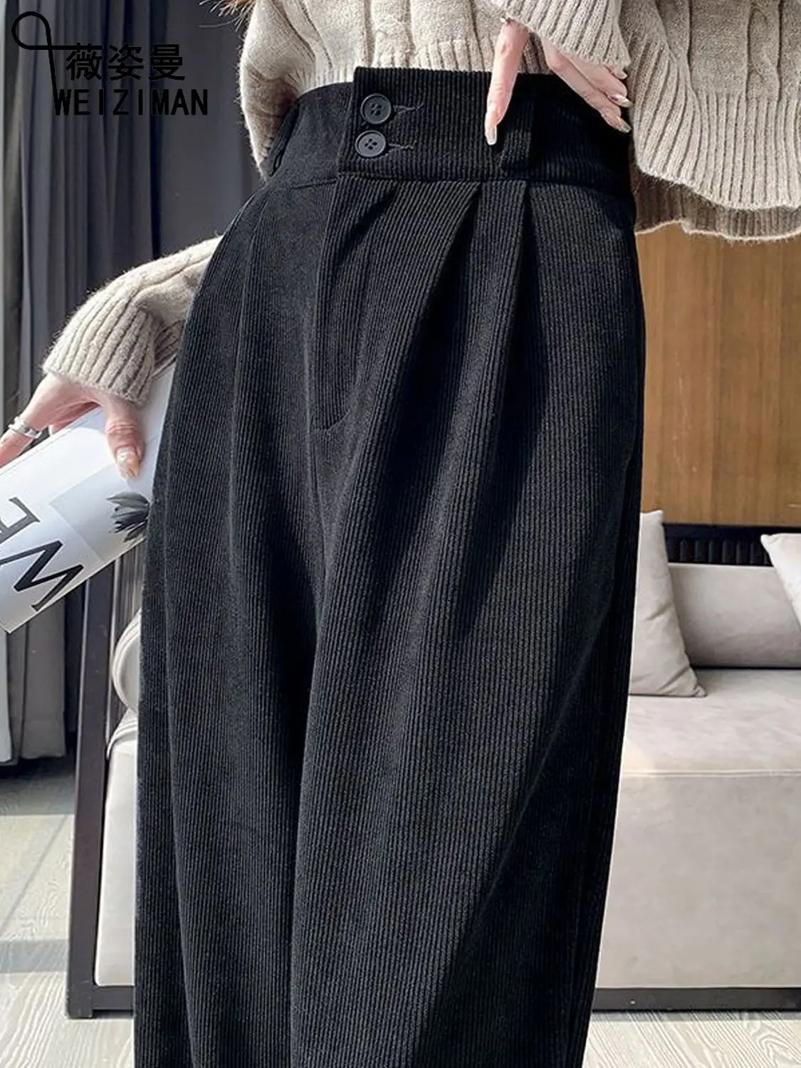 Velvet wide leg pants for women's autumn and winter pear shaped figure corduroy covered meat straight leg suit pants