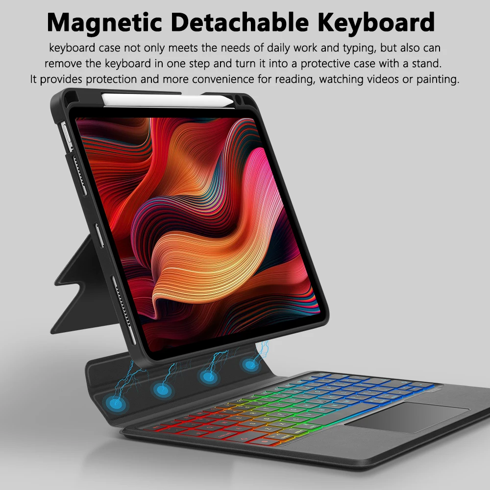ipad air 5, 4, 9ª geração, magnético, destacável, rgb