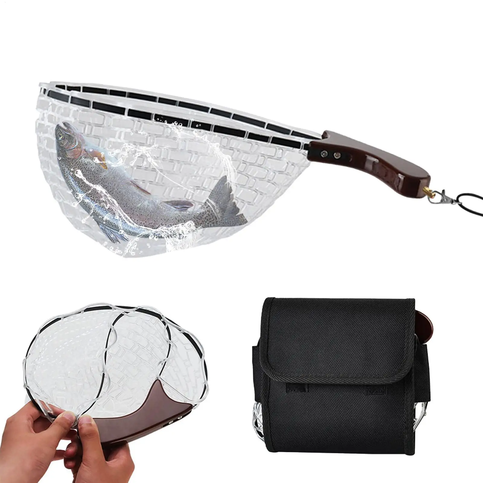 Fishing Landing Net with Wooden Carved Handle Foldable Silicone Fishing Catch Dip Net Wading River Stream Fishing Accessories