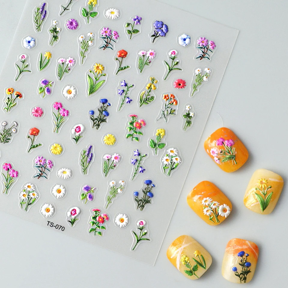 

Цветные самоклеящиеся рельефные наклейки 5D с цветами для дизайна ногтей яркие розы маргаритки фиолетовые лаванды маникюрные наклейки оптовая продажа