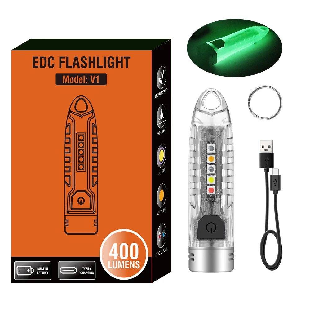 

BORUiT V1 LED Keychain Portable Fluorescent Flashlight Work Light Type-C Rechargeable Mini Torch UV Camping Pocket Lantern