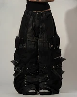 Jeans Streetwear Y2K Noir Rétro Gothique Surdimensionné avec Poches Rivets et Fermeture Éclair, Jean Baggy Décontracté Style Punk, Pantalon en Denim Large pour Homme 1