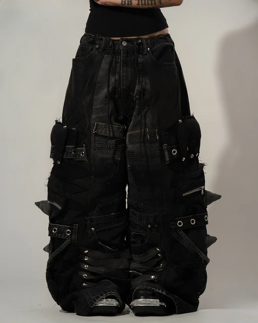 Jeans Streetwear Y2K Noir Rétro Gothique Surdimensionné avec Poches Rivets et Fermeture Éclair, Jean Baggy Décontracté Style Punk, Pantalon en Denim Large pour Homme 1