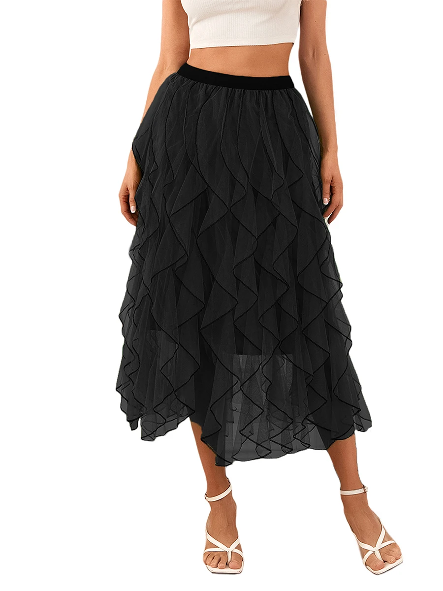 

Women s Tulle Midi Skirt Elastic High Waist Layered Pleated Mesh Flowy A-Line Prom Party Long Tutu Skirts