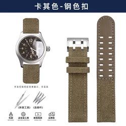 Hamilton Khaki Field Canvas Waterproof Watchband - Men's Belt with Pin Buckle Style (20mm/22mm) - 22mm (Khaki - silver)