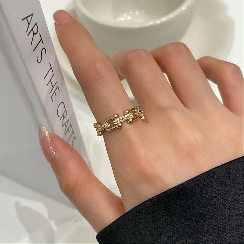 

925 Stamped Silver Gold Color Ring for Women Girl Party Gift Korean Personality Crystal Exquisite Horseshoe Buckle Fine Jewelry