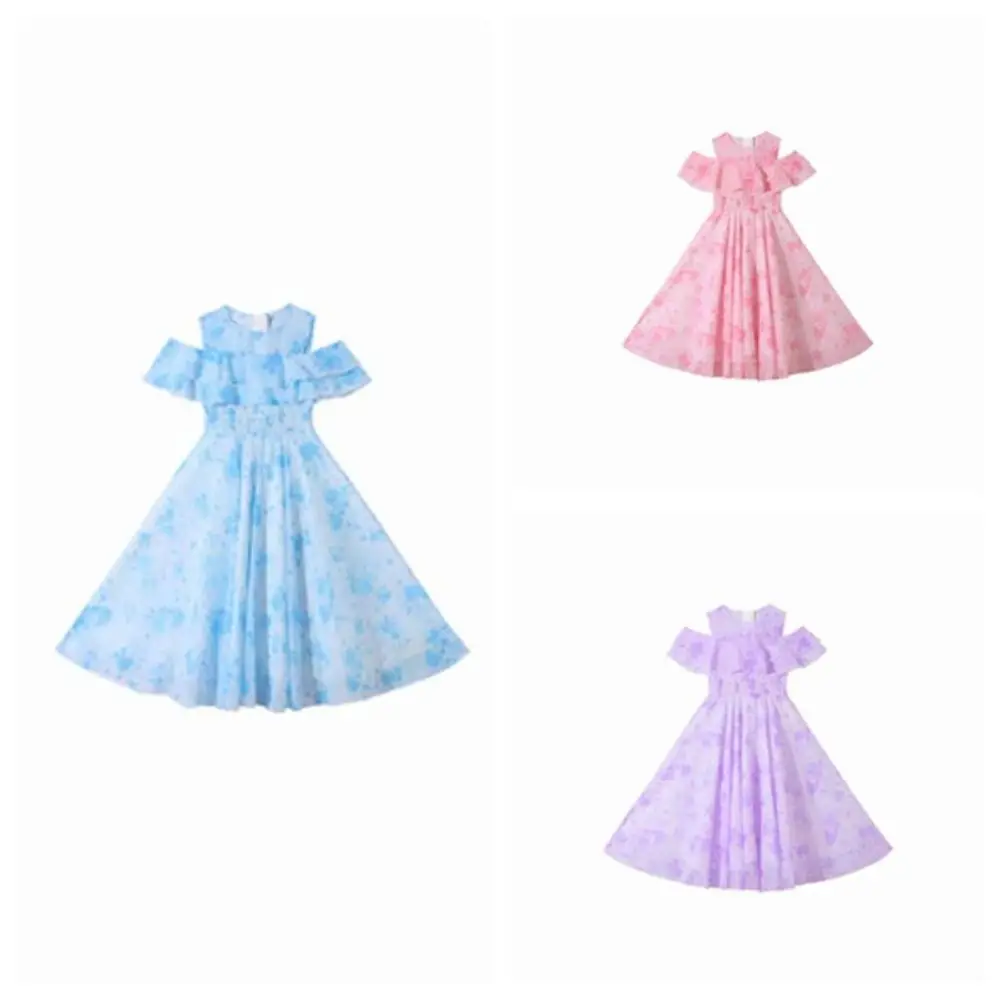 Elegant Loose Girls Chiffon Floral Dress Pleated Teenagers Summer Dresses Party Beach Vacation Children Princess Dress Beach