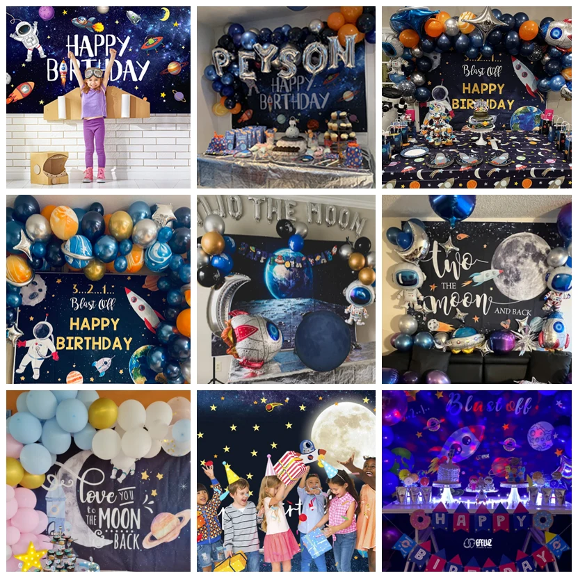 Photo Backdrop Outer Space Happy Birthday Backdrop Universe Planet Galaxy Spacecraft Astronaut Blast Off Rocket Baby Shower Photo Background