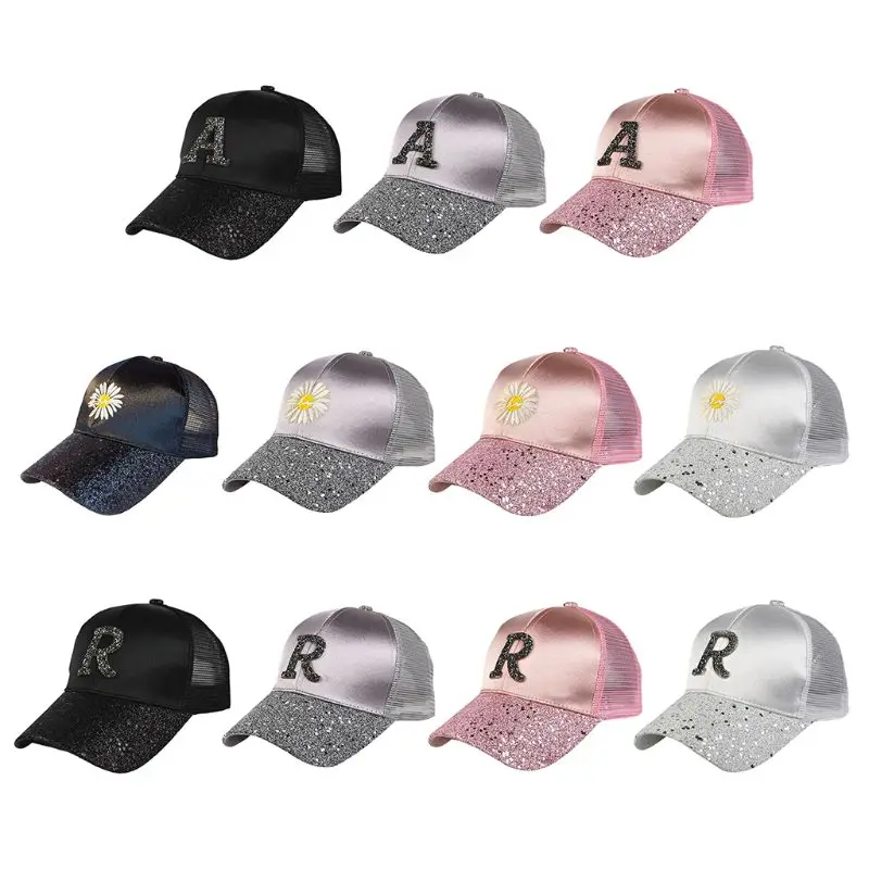 

Women Summer Mesh Back Glitter Sequins Visor Baseball Letter Floral Embroidery Sunscreen Hip Hop Club Drop shipping