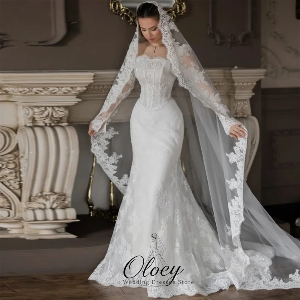 OLOEY Customized Glamorous Square Collar Long Sleeve Bridal Gown Lace Mermaid Wedding Dresses For Woman Vestidos De Novia