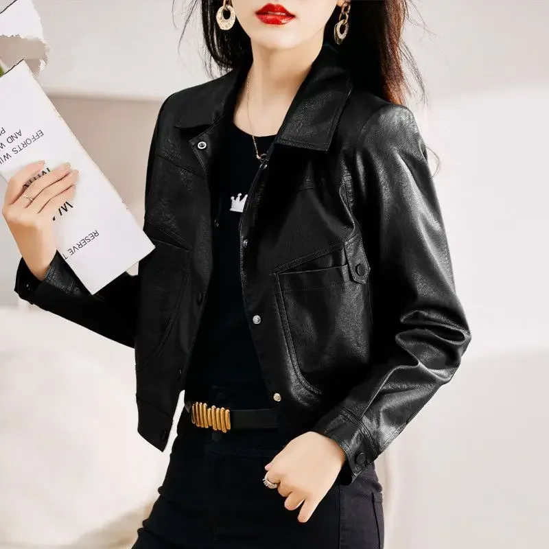1pcs Womens Short PU Leather Jackets Coat 2024 Autumn New Faux Fur Single Breasted Splicing Ladies Skinny Locomotive Small Coats