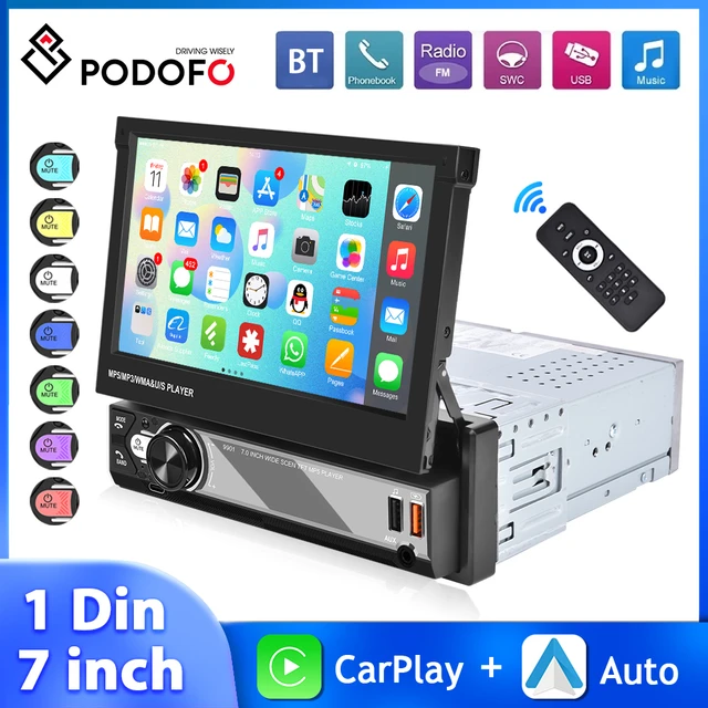 Podofo 1 DIN Radio de Coche Compatible con Apple Carplay y Android Auto,  Pantalla Táctil Retráctil