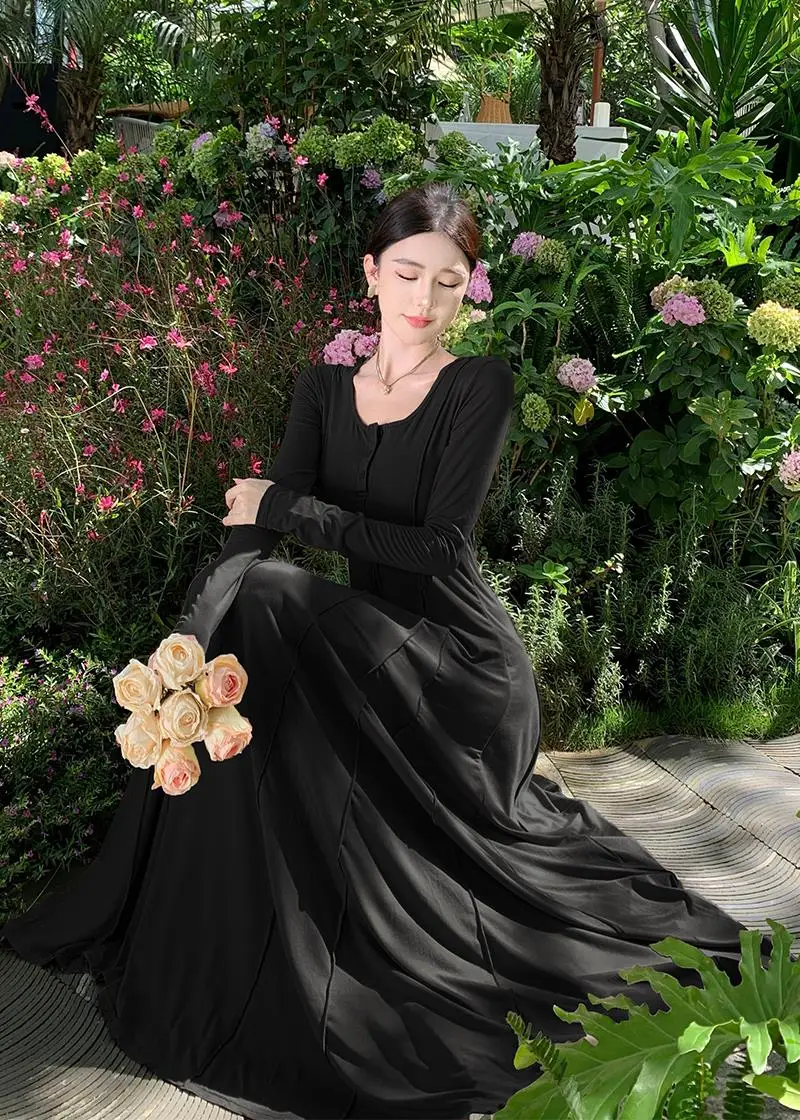 Casual Knitted Dresses for Women Long Sleeves Square Collar A-line Autumn Maxi Dress Korean Fashion Solid Vestidos Mujer New