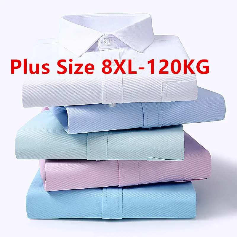 

Plus 8XL 7XL Men's Dress Shirt Long Sleeve Classic Solid Color Casual Twill Plain Pink White Social Business Office Male Clothes