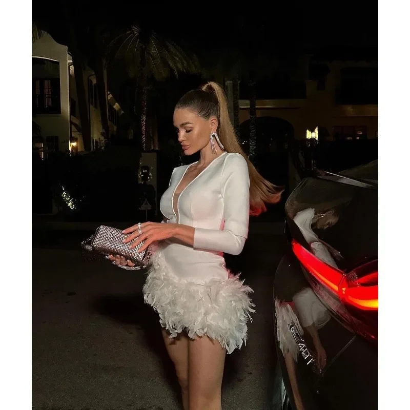 

Long Sleeve Deep V Sheath Feather Stitching Dress Y2K Sexy Bodycon Dress Women Gown High Waist Sheath Sexy Mini Dress