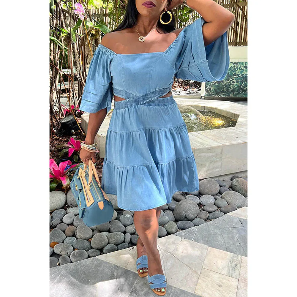 Plus Size Blue Daily Denim Off Shoulder Hollowed Out With Pocket Midi Dresses