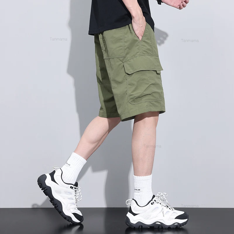 여름 초박형 속건성 남성용 반바지 신축성있는 허리 아이스 실크 느슨한 대형 포켓 카고 무릎 길이 바지 그린 블랙 그레이