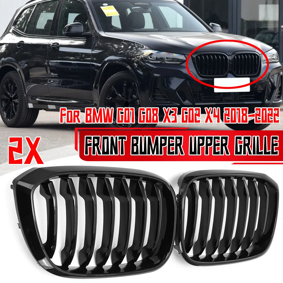 

2x Car Front Kidney Grill Grille For BMW G01 G08 X3 G02 X4 2018-2022 Single Line Grilles Gloss Black Bumper Racing Grills