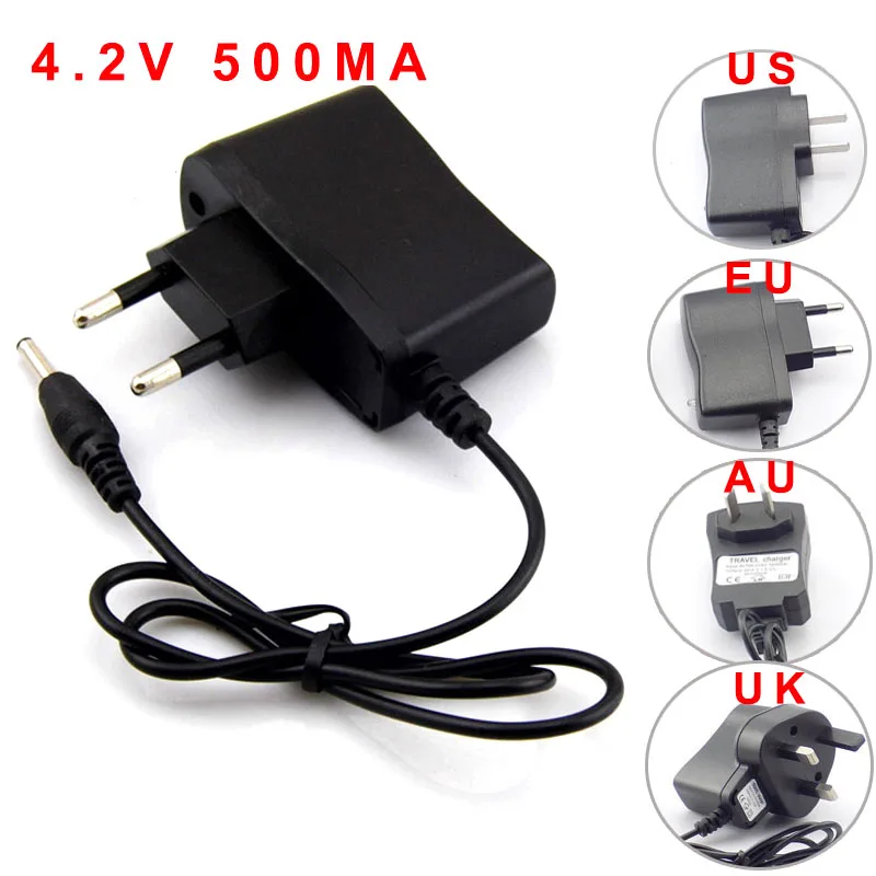 

AC 110v 220v To DC 4.2V 0.5A 500 ma Power Adapter 3.5mm*1.35mm for 3.7V 4.2V Li-ion 18650 rechargeable Battery US EU UK AU plug