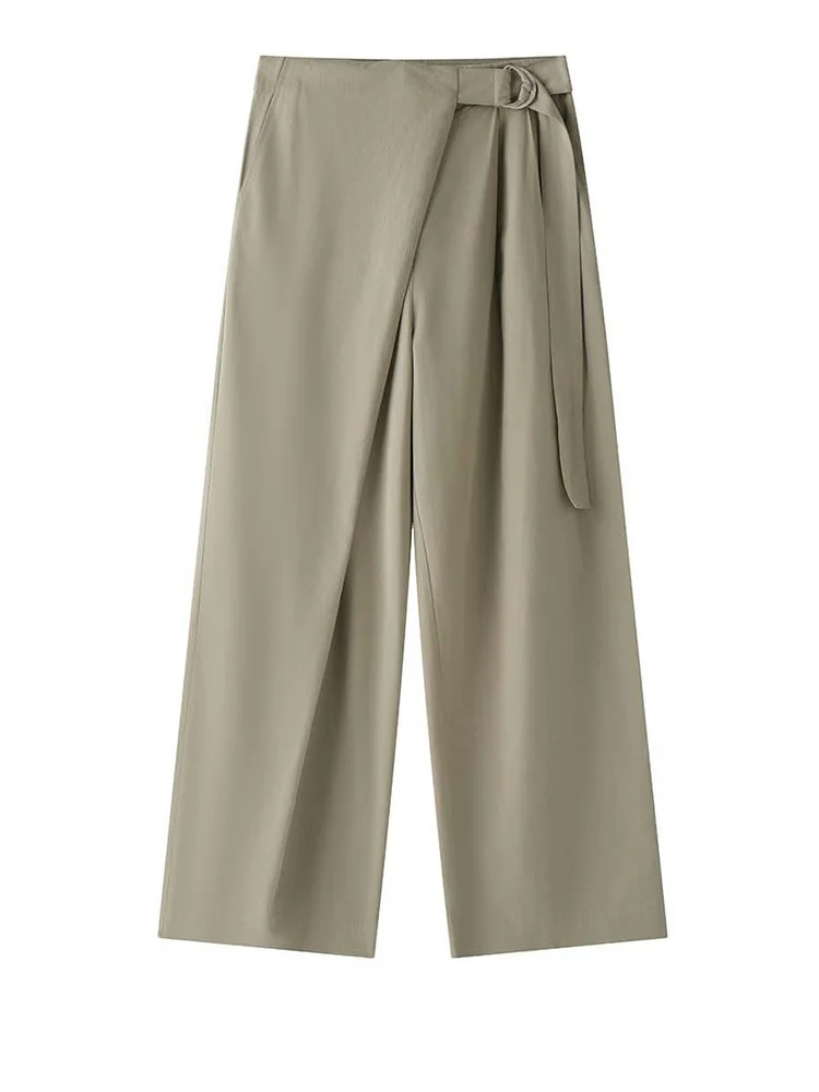 [EAM] High Waist Army Green Irregular Pleated Long Wide Leg Pants New Trousers Women Fashion Tide Spring Autumn 2026 1DJ4101