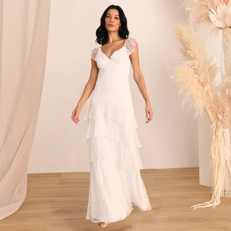

Romantic Tiered Wedding Dresses Froral Lace Bride Gowns For Women Ruffles V-Neck Floor-Length V-Shaped Back Vestidos De Novia