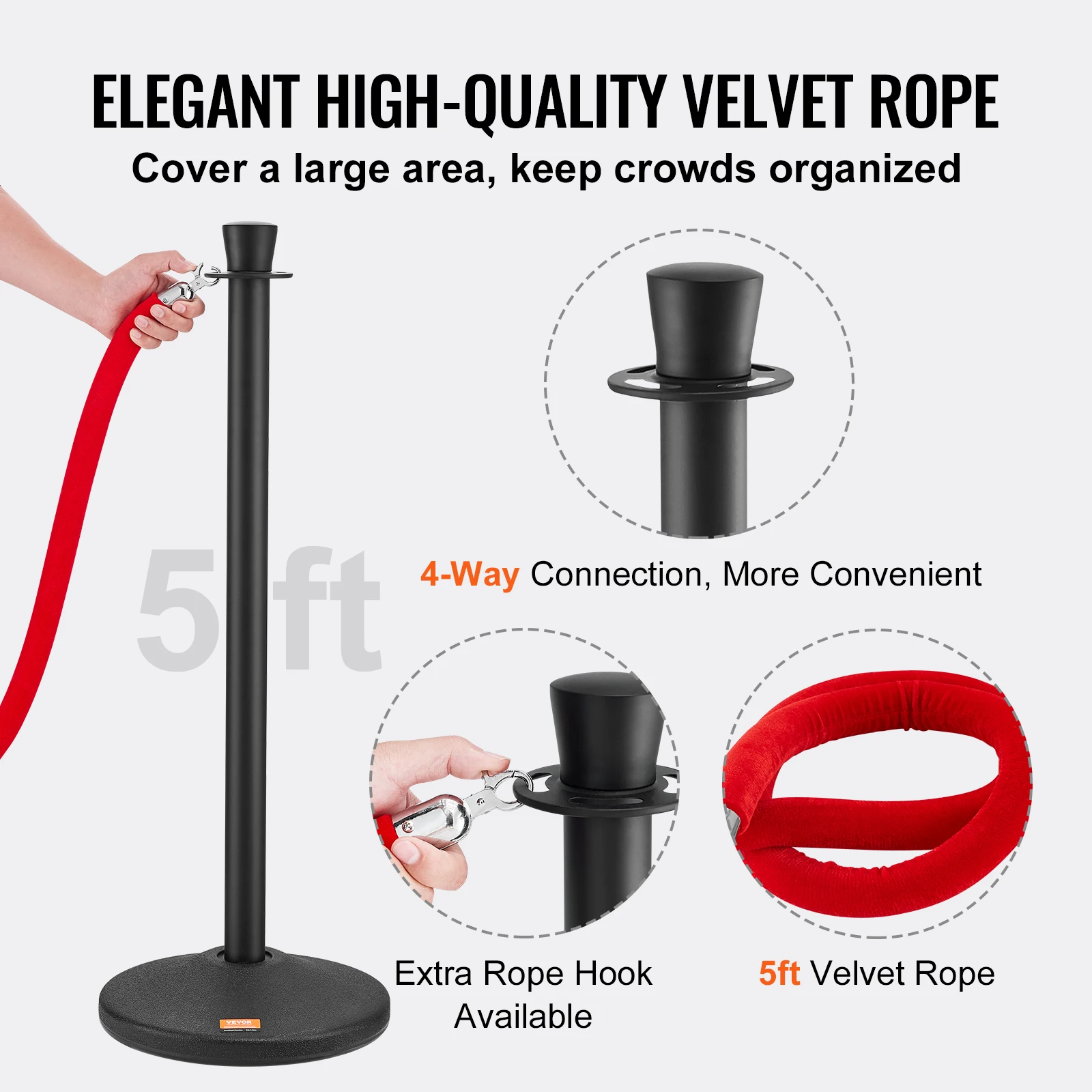 Carbon Steel Crowd Control Stanchion with Velvet Rope