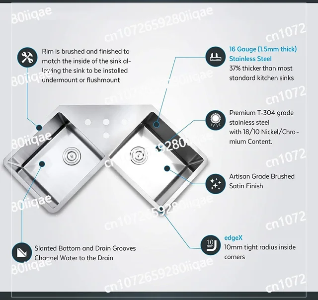 อ่างล้างจานมุมแบบติดตั้งใต้เคาน์เตอร์ ขนาด 30 นิ้ว ผิวซาติน ขัดเงา สีทอง ผลิตจากสแตนเลสสตีลเกรด 16 เหมาะสำหรับใช้ในครัว 6