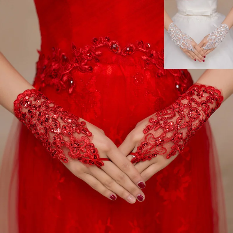Red Short Gloves Wedding Fingerless Mittens Bridal Lace Sequins Sexy Gloves Party Accessories lace gloves wedding dress gloves