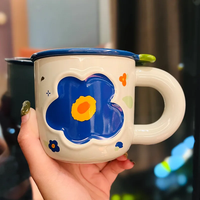 

Cute Ceramic Mug With Lid Cartoon Flower Water Cups Korean Simple Coffee Afternoon Tea Breakfast Milk Coffee Cup Girl Gift 320ML