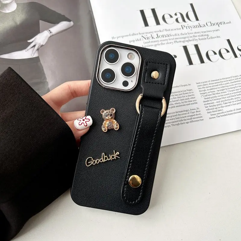 Charming Bear Leather Wrist Strap Phone Case - Soft Cover