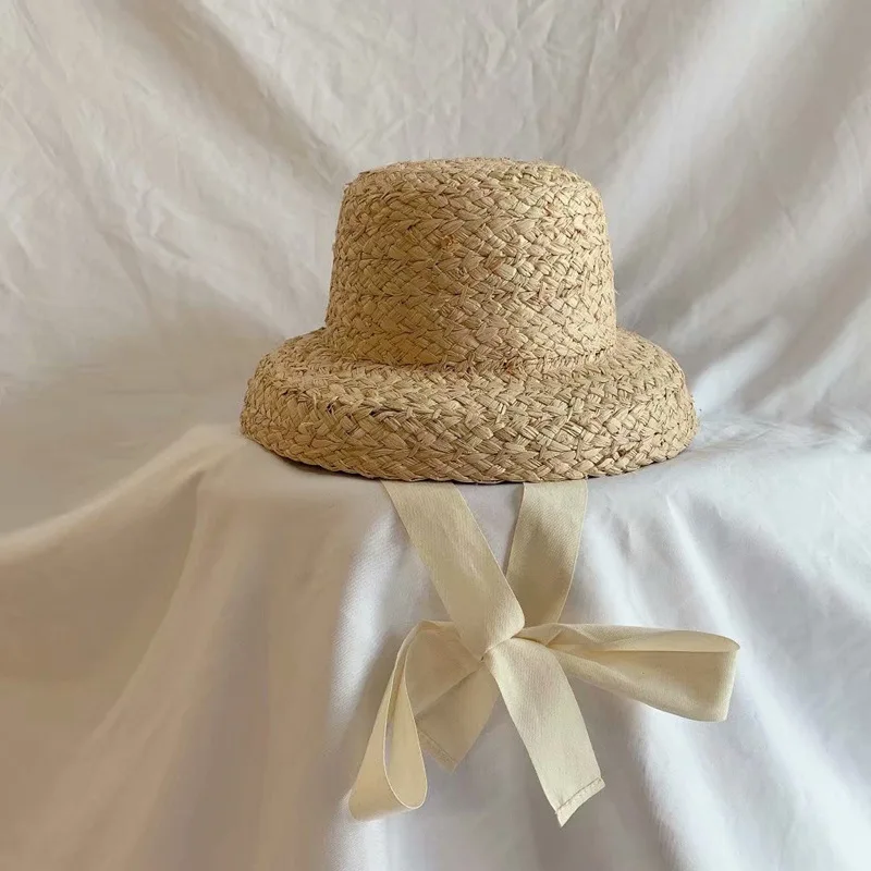 Children Hand-knitted Raffia Retro Flat Top Sun Hats Girls and Boys Summer Travel Sunscreen Vacation Straw Hat with Lacing straw hat outdoor sun hat baby sun hat